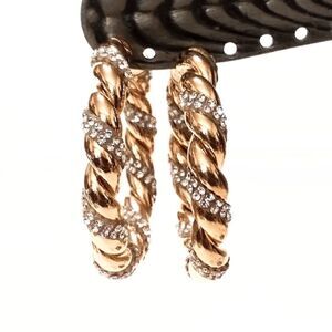 Gold Tone and Rhinestone Twisted Rope Hoop Earrings